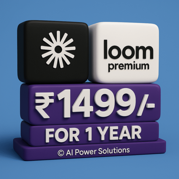 Design a 3D promotional graphic showcasing the premium service 'Loom Premium'. Feature both logos on glossy, cubic 3D blocks set against a clean blue background. Below the logos, include bold 3D text on purple blocks displaying the price '₹1499/-' along with the text 'FOR 1 YEAR' in white. Add a small caption at the bottom that says '© Ai Power Solutions.' The overall style should be vibrant, modern, and eye-catching, making it suitable for digital marketing, size 500*500