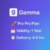 Gamma Pro Plan image showing one-year validity, 4–6 hour delivery, and Gamma logo on blue-purple background.