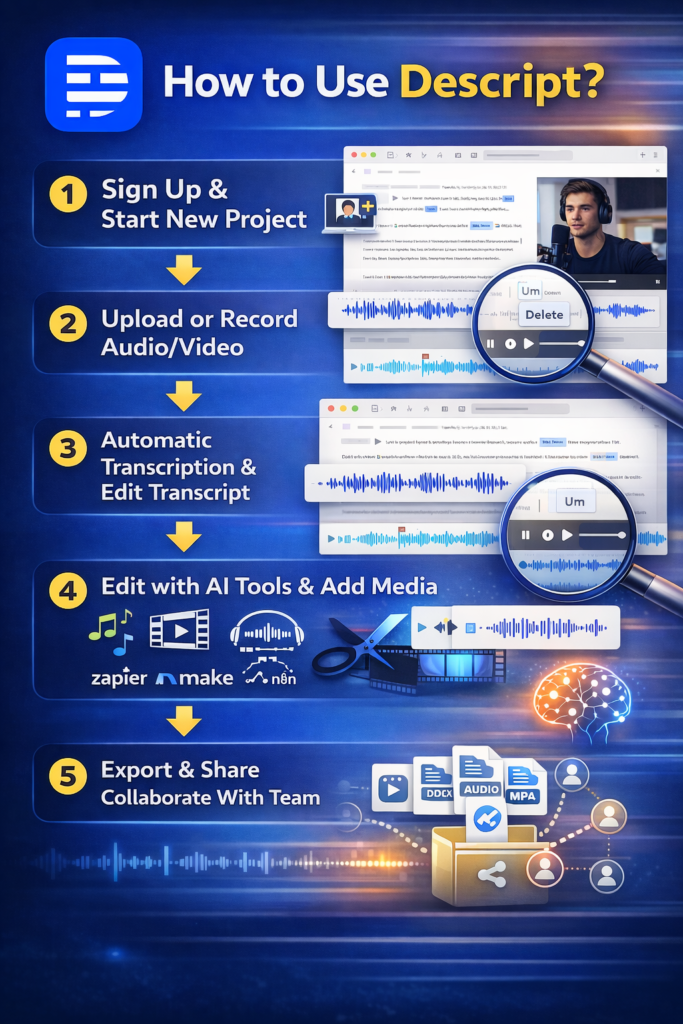 Descript AI audio and video editing dashboard