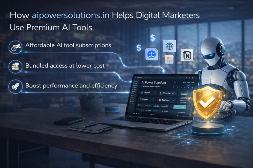 AI Power Solutions helping digital marketers access affordable premium AI tools, showing a robot assistant, laptop dashboard, security shield, and productivity features.