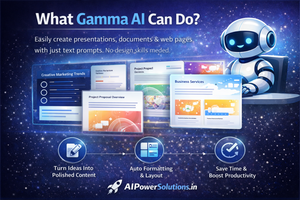 Illustration showing Gamma AI turning text prompts into polished presentations, documents, and web pages with automatic formatting, layout, and productivity-focused design.