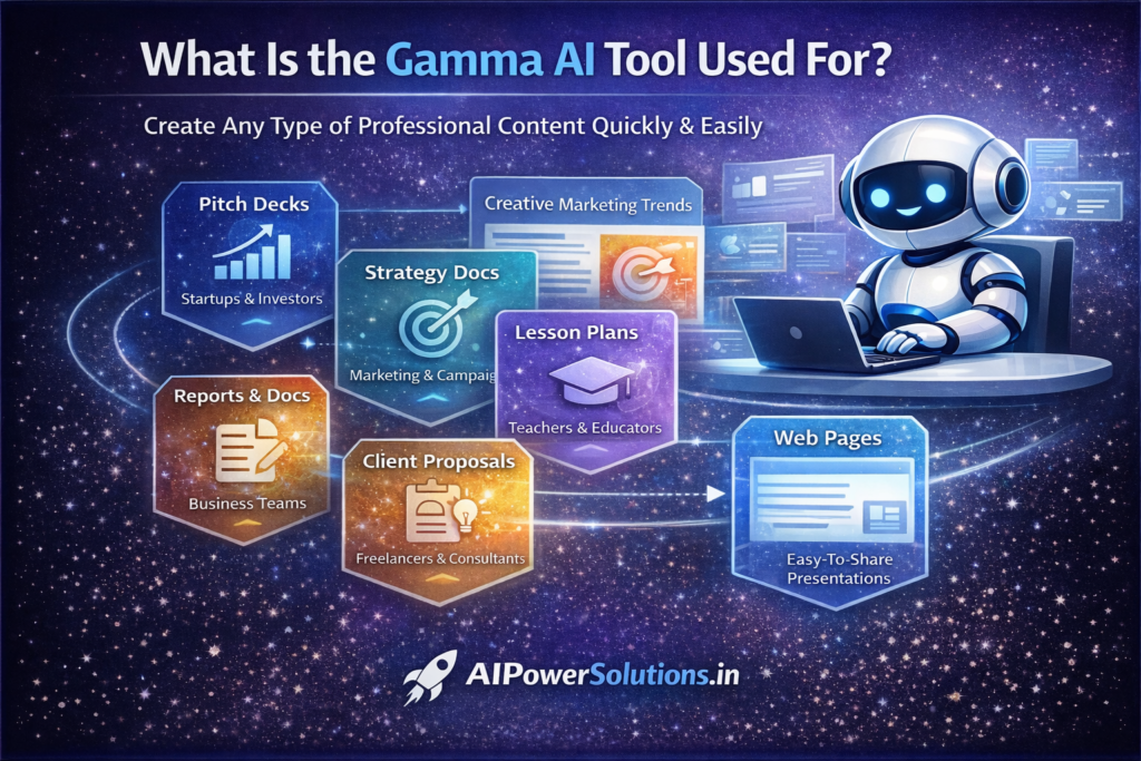 Gamma AI helps create professional presentations, documents, and web pages easily