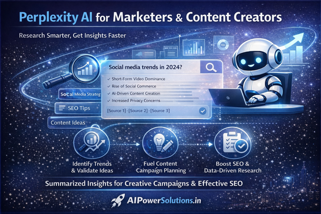 Illustration showing Perplexity AI helping marketers and content creators research trends, validate content ideas, plan campaigns, and improve SEO using AI-powered insights, summarized data, and real-time research, presented with futuristic visuals and AIPowerSolutions.in branding.