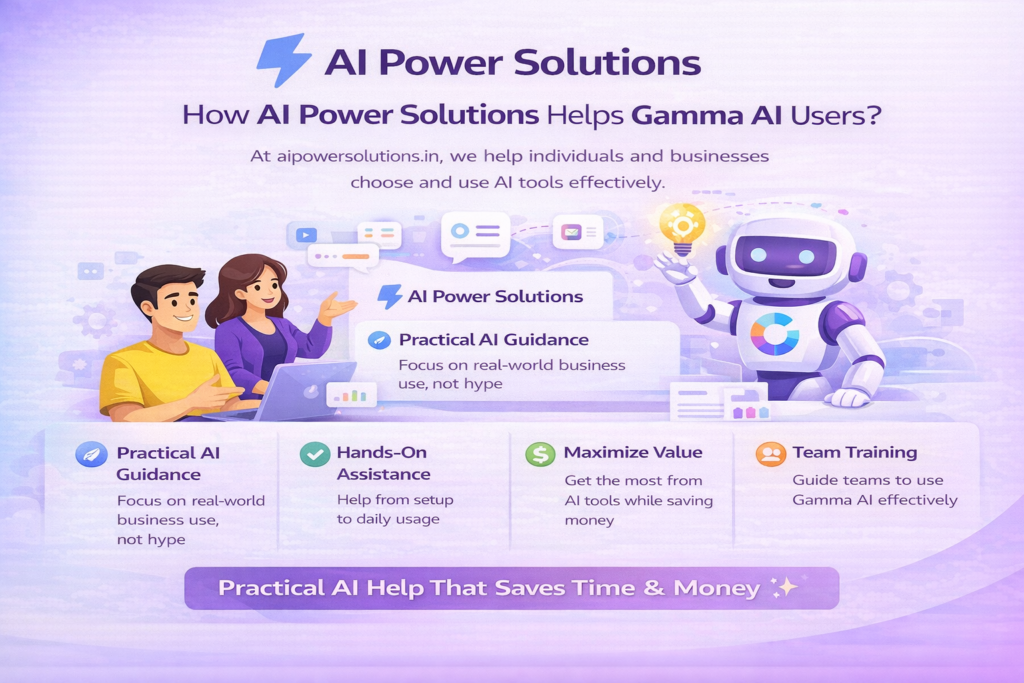 “Illustration showing how AI Power Solutions helps Gamma AI users with practical guidance, setup support, team training, and cost-effective AI tool usage for businesses.”