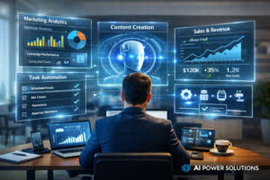 Affordable premium AI tools dashboard helping business owner automate marketing, analytics, and business operations