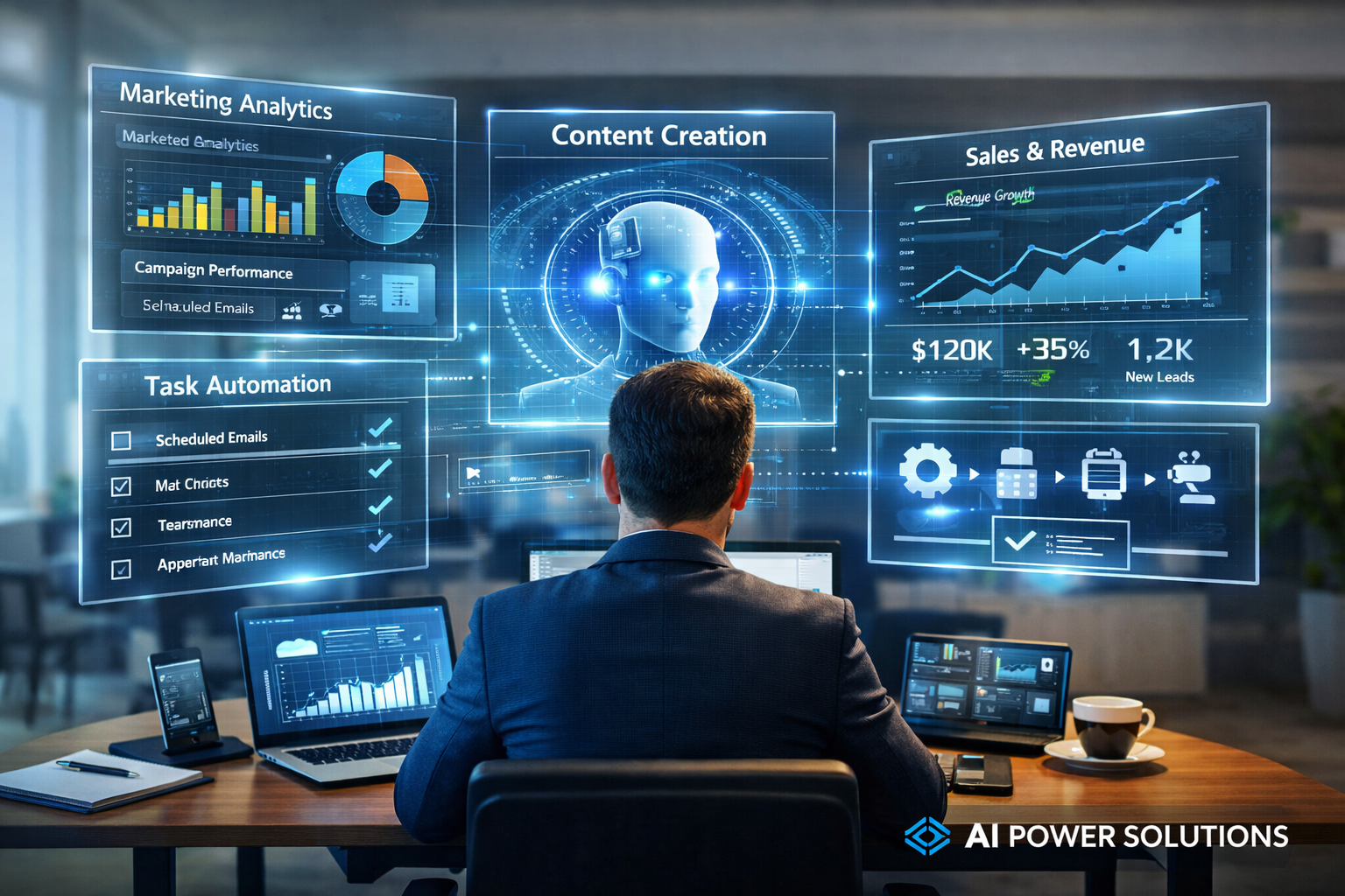 Affordable premium AI tools dashboard helping business owner automate marketing, analytics, and business operations