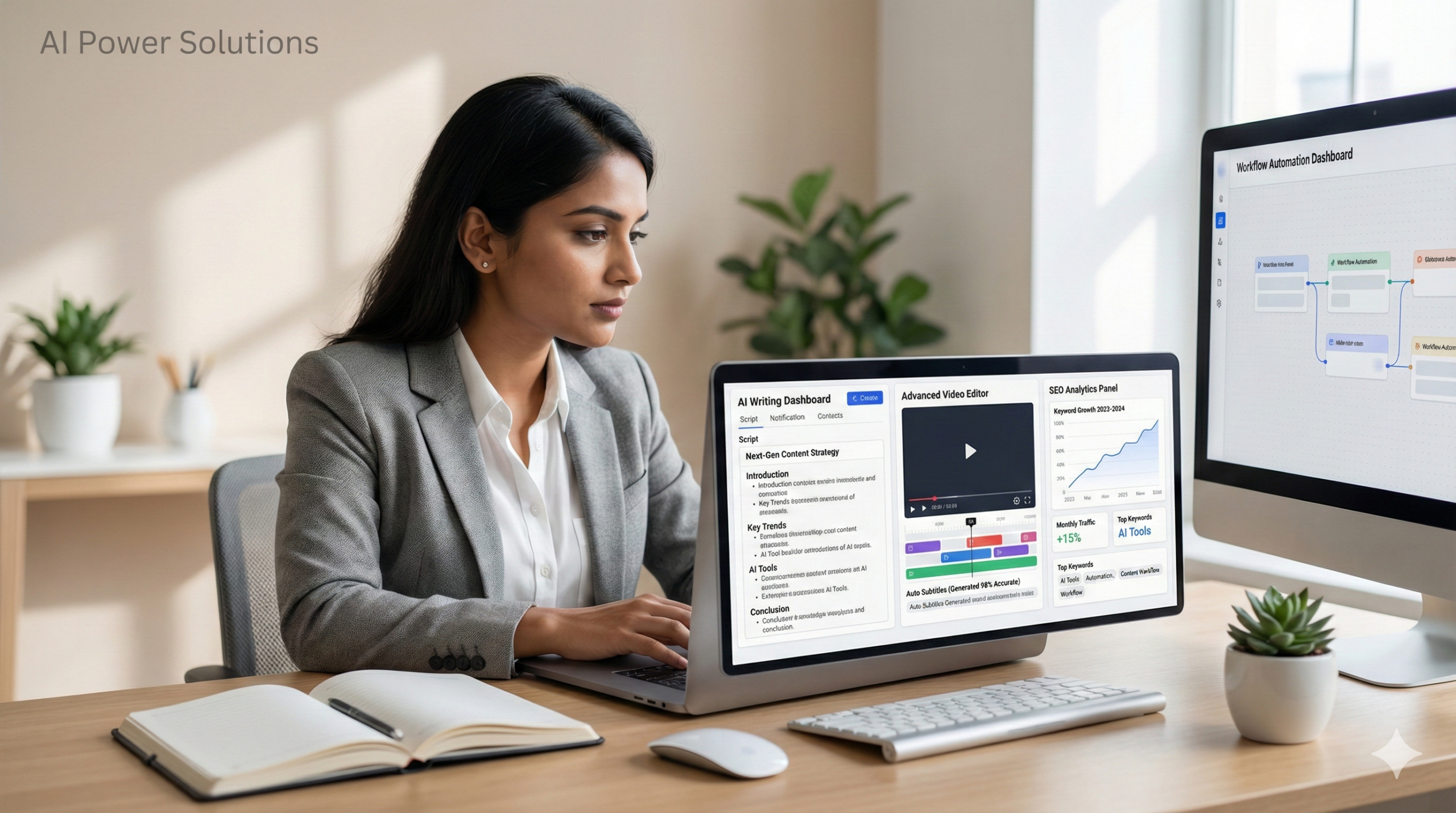Professional Indian content creator using AI dashboards for writing, video editing, and SEO analytics on a modern laptop workspace